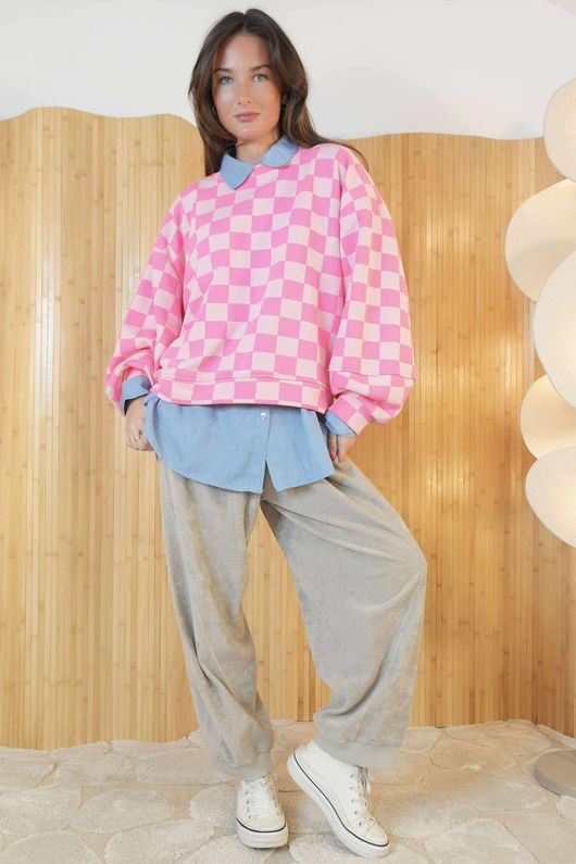 Check Mate Lantern Sleeve Sweat Hot Pink Blush